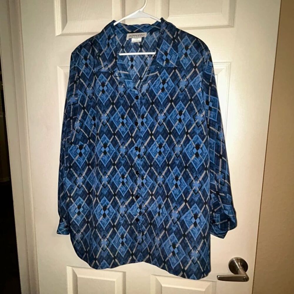 Vintage Donnkenny Woman 1X Button-up Blouse Blue/Black Long Sleeve